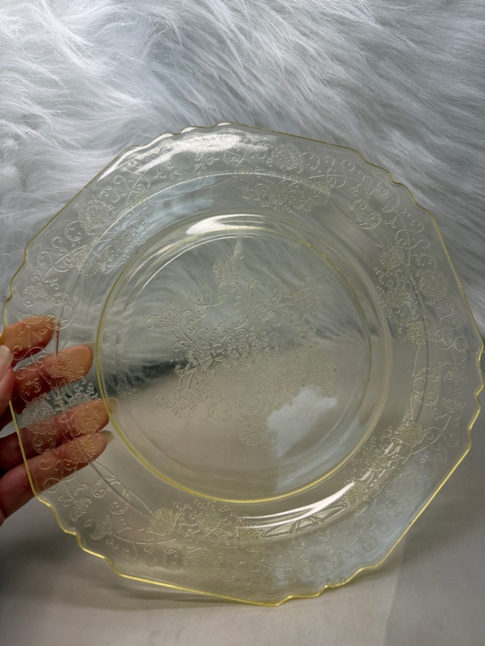 Elegant Yellow Glass Dinner Plate with Floral Etching